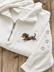 Women's Snowy Winter Dachshund Dog In the Snow Print Zip Up Sweatshirt