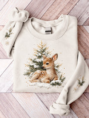 Women's Snowy Winter Deer & Pine Print Casual Sweatshirt