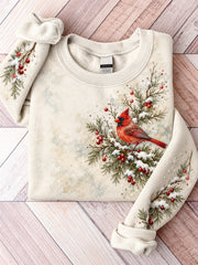 Women's Winter Red Cardinal in Snowy Pine Branch Print Casual Sweatshirt