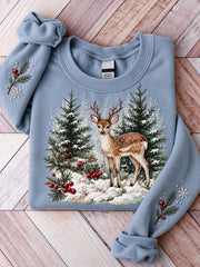 Women's Snowy Winter Deer & Pine Print Casual Sweatshirt