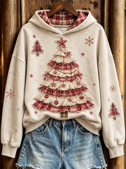 Women's Retro Christmas Tree Patchwork Pattern Design Casual Hoodie