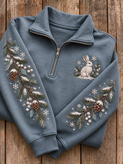 Women's Snowy Winter Bunny & Pine Trees Print Zip Up Sweatshirt