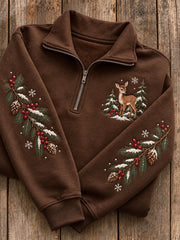 Women's Snowy Winter Deer & Pine Trees Print Zip Up Sweatshirt