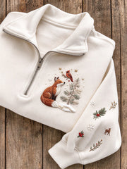 Women's Snowy Winter Red Cardinal & Fox Print Zip Up Sweatshirt