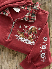 Women's Snowy Christmas Dachshund Dog & Paw Prints Plaid Print Sweatshirt