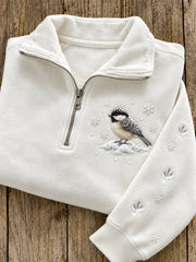 Women's Snowy Winter Black-capped Chickadee Bird in the Snow Print Zip Up Sweatshirt