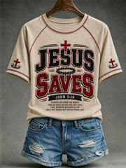 Women's Christian JESUS SAVES Cross Round Neck Short Sleeve T-shirt