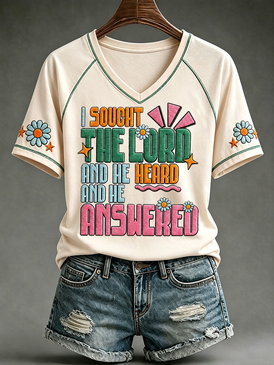 Women's "I sought the lord and he heard and he answered" V-neck T-shirts