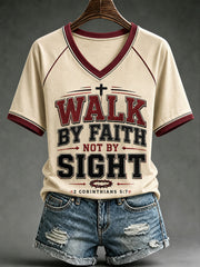 Women's Christian Walk by Faith Not By Sight  2 Corinthians 5:7 Cross Off-shoulder Short Sleeve T-shirt