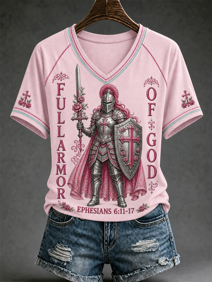 Women's Christian Full Armor Of God Print Casual V-Neck Tee