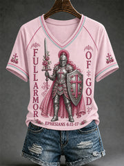 Women's Christian Full Armor Of God Print Casual V-Neck Tee