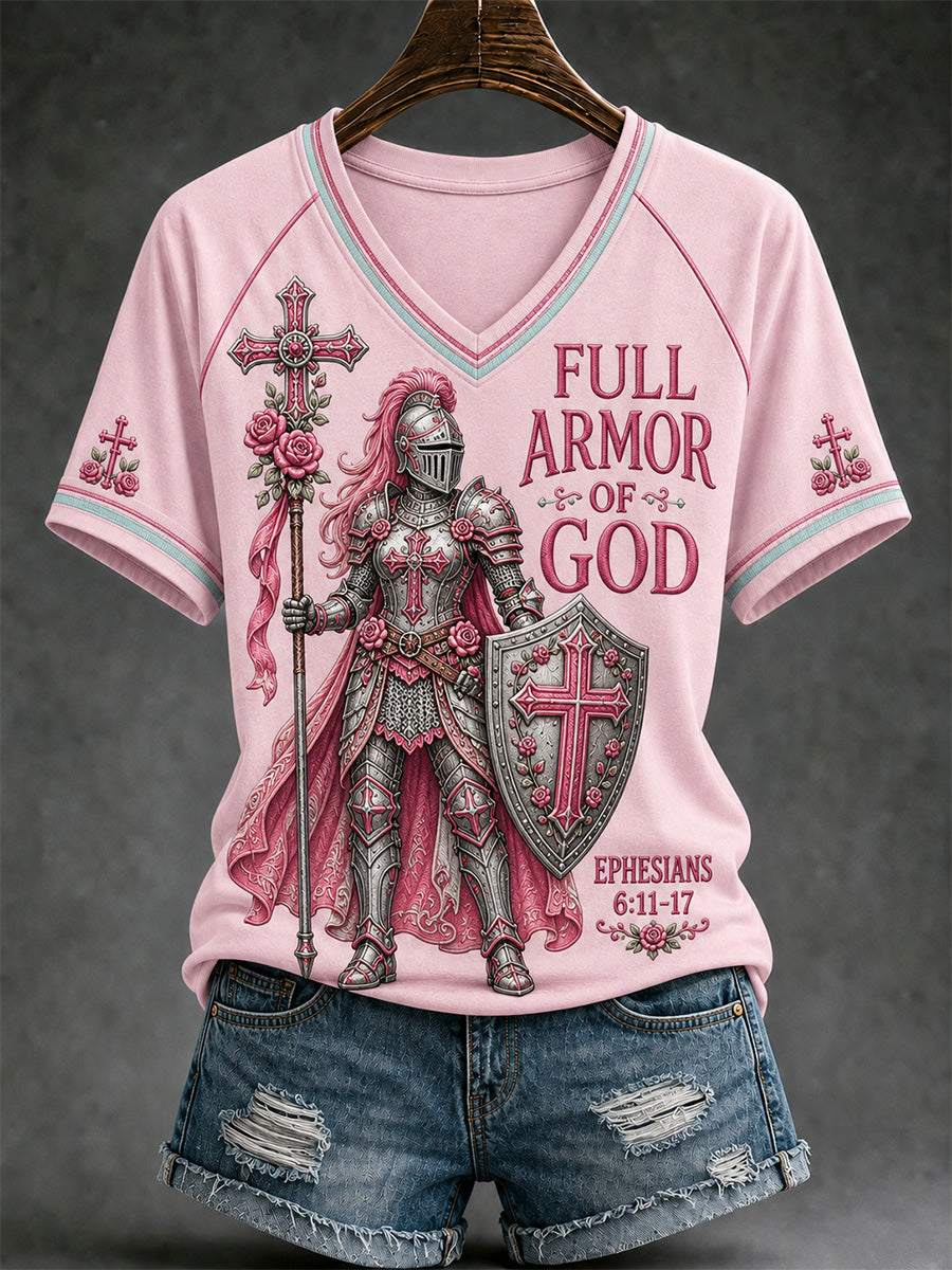 Women's Christian Full Armor Of God Print Casual V-Neck Tee