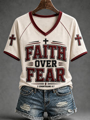 Women's Christian Faith Over Fear 2 Corinthians 5:7 Cross Off-shoulder Short Sleeve T-shirt