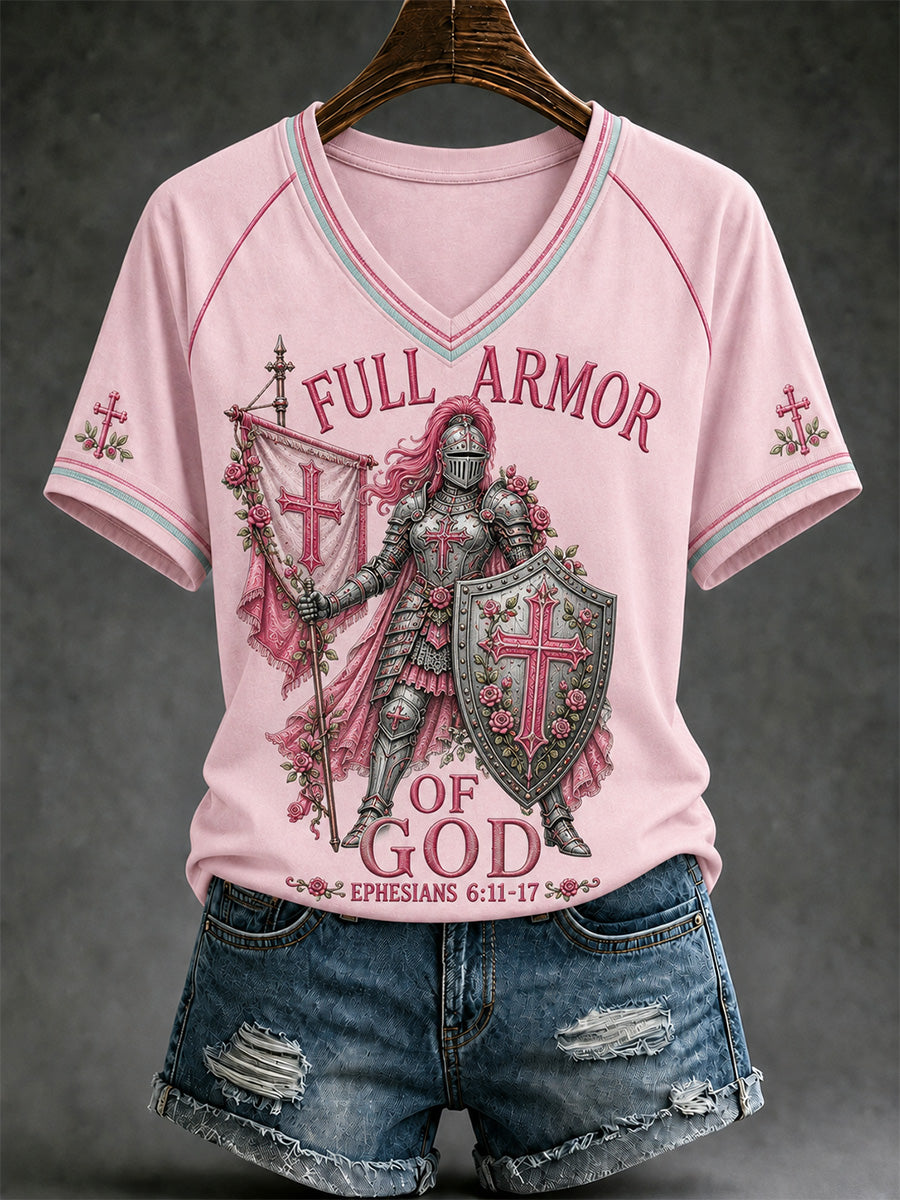 Women's Christian Full Armor Of God Print Casual V-Neck Tee