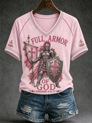 Women's Christian Full Armor Of God Print Casual V-Neck Tee