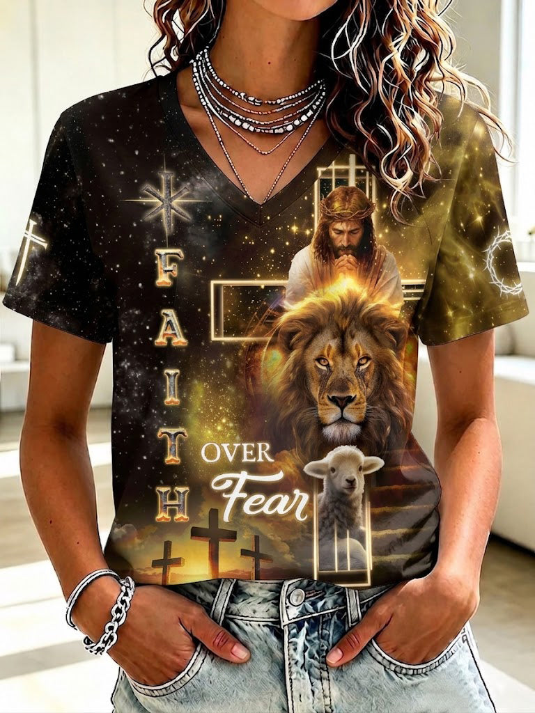 Women's Faith Over Fear Printed V-neck T-shirt
