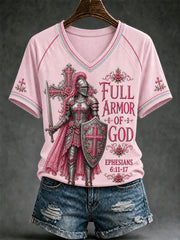 Women's Christian Full Armor Of God Print Casual V-Neck Tee