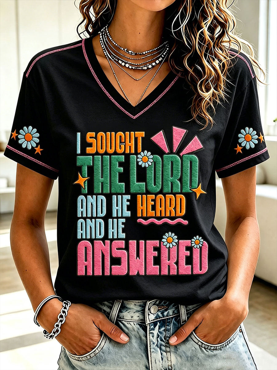 Women's "I sought the lord and he heard and he answered" V-neck T-shirts