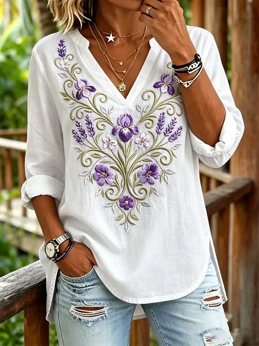 Women's Purple Floral & Alzheimer's Awareness Support Print V-Neck Top