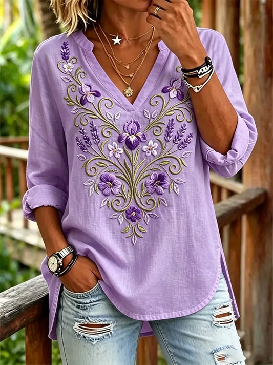 Women's Purple Floral & Alzheimer's Awareness Support Print V-Neck Top