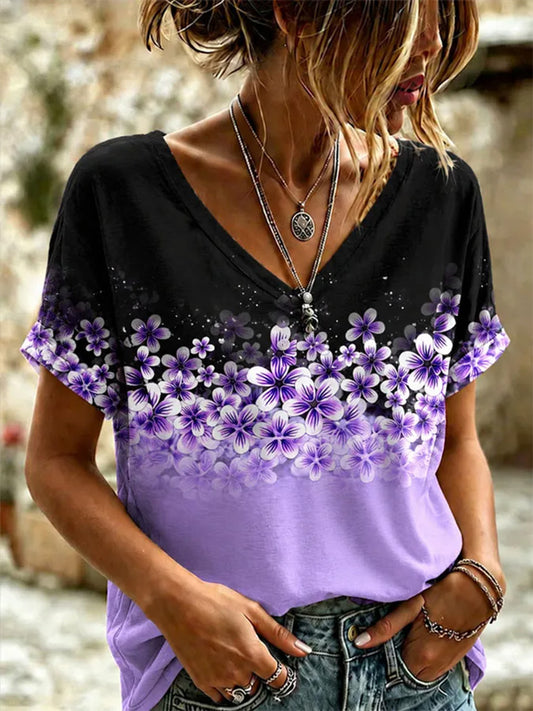 Women's Purple Floral & Alzheimer's Awareness Support Print V-Neck Tee