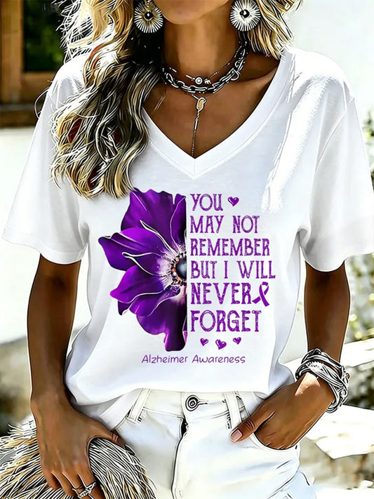 Women's Purple Floral & Alzheimer's Awareness Support Print V-Neck Tee