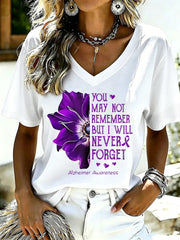 Women's Purple Floral & Alzheimer's Awareness Support Print V-Neck Tee