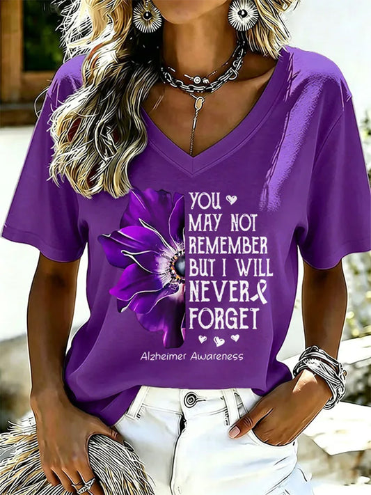 Women's Purple Floral & Alzheimer's Awareness Support Print V-Neck Tee