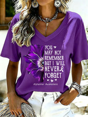 Women's Purple Floral & Alzheimer's Awareness Support Print V-Neck Tee