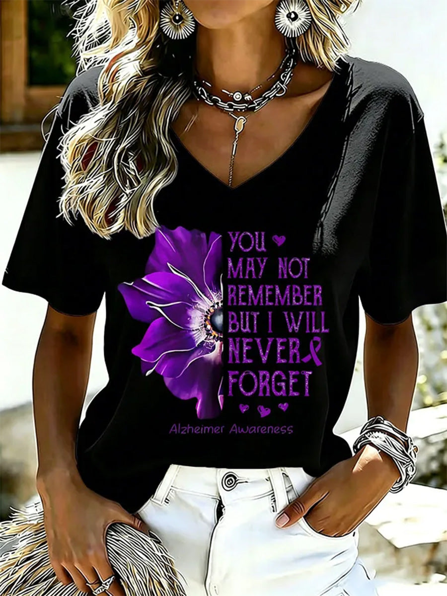 Women's Purple Floral & Alzheimer's Awareness Support Print V-Neck Tee
