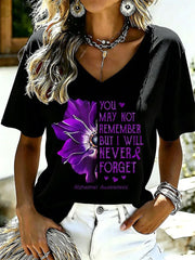 Women's Purple Floral & Alzheimer's Awareness Support Print V-Neck Tee