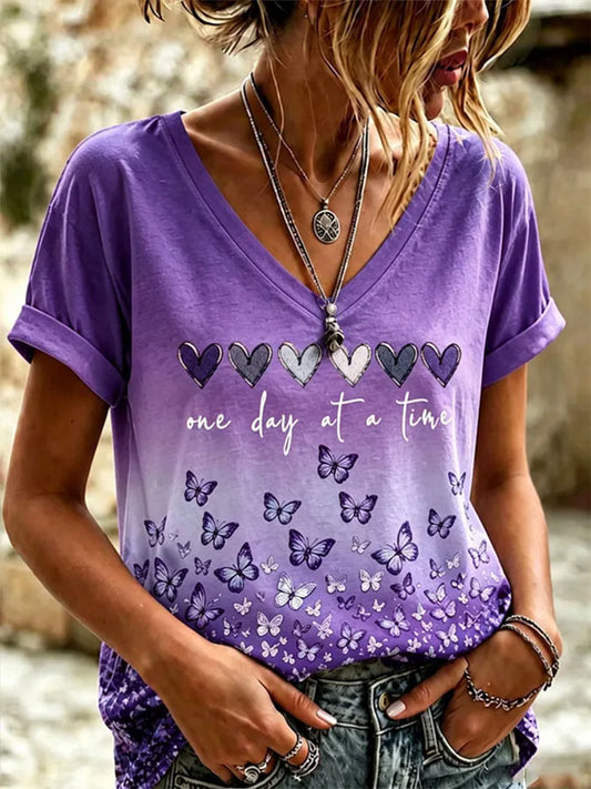 Women's Alzheimer's Awareness Support Print V-Neck Tee