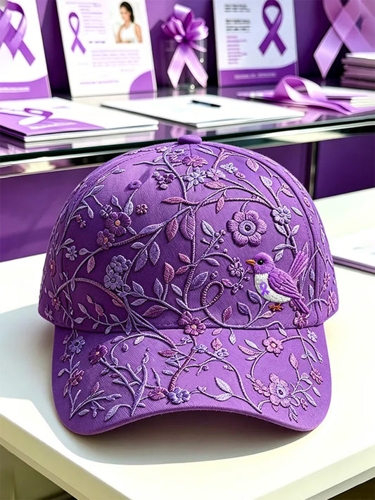 Unisex Purple Floral & Hummingbird Print Alzheimer's Awareness Support Hat