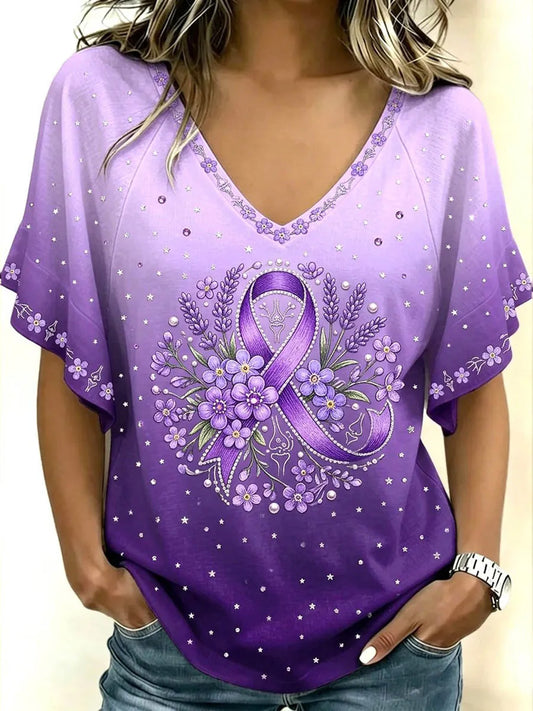 Women's Purple Floral & Alzheimer's Awareness Support Print V-Neck Tee