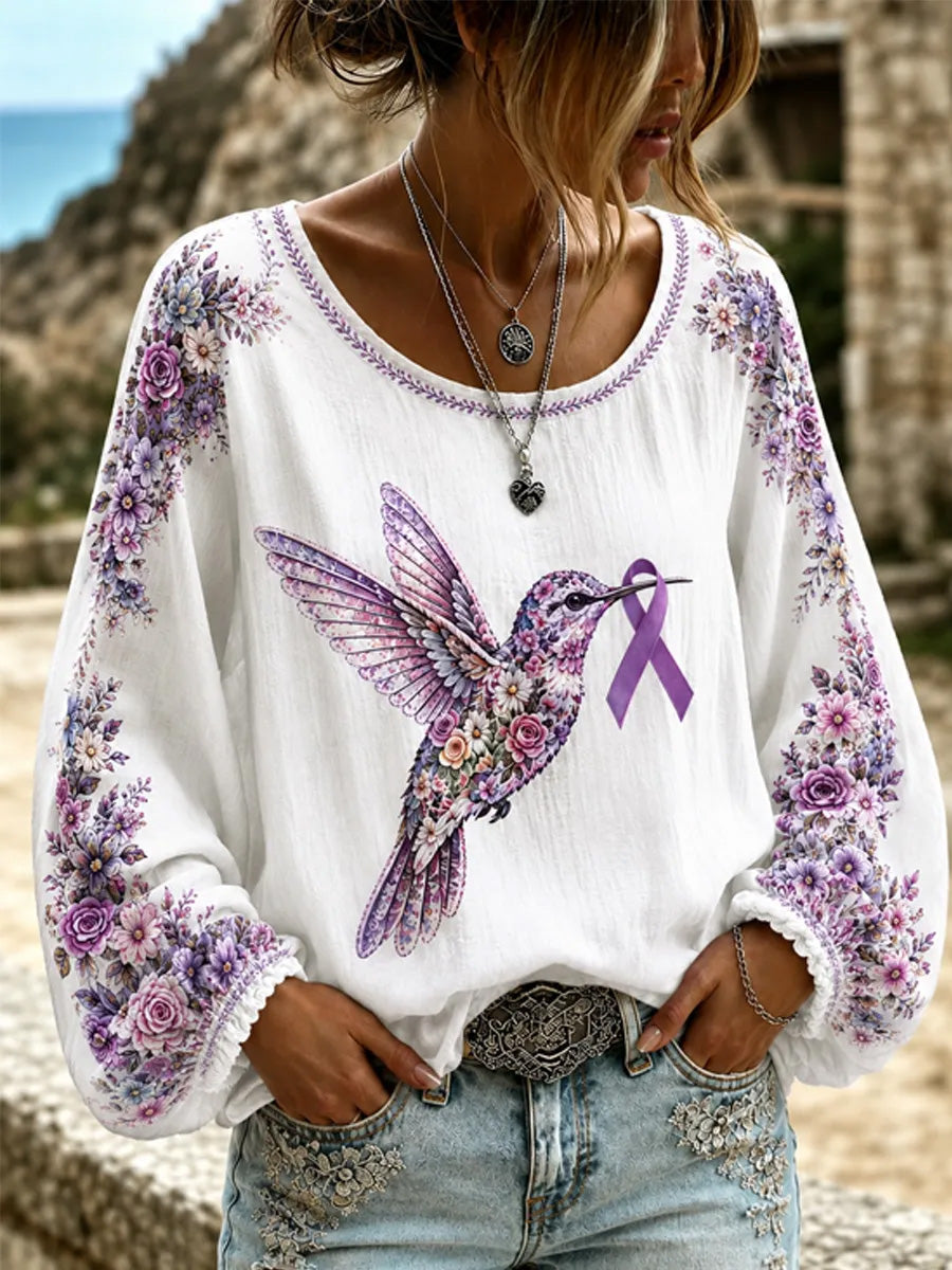 Women's Purple Floral & Hummingbird Print Alzheimer's Awareness Support Long-Sleeves Top