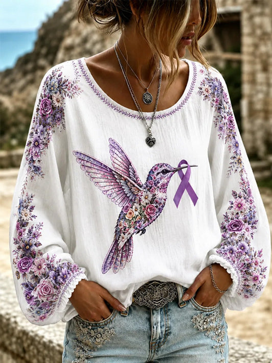 Women's Purple Floral & Hummingbird Print Alzheimer's Awareness Support Long-Sleeves Top
