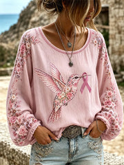 Women's Purple Floral & Hummingbird Print Alzheimer's Awareness Support Long-Sleeves Top