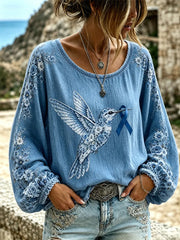 Women's Purple Floral & Hummingbird Print Alzheimer's Awareness Support Long-Sleeves Top
