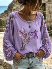 Women's Purple Floral & Hummingbird Print Alzheimer's Awareness Support Long-Sleeves Top