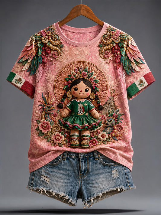 Women's Mexico Football Lover Lele Doll Art Printed T-shirt