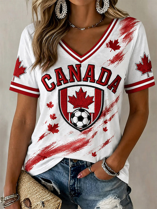 Women's Canada Soccer Graphic Print Casual V-Neck Tee