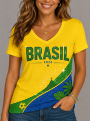 Women's Brasil Print Casual V-Neck Tee