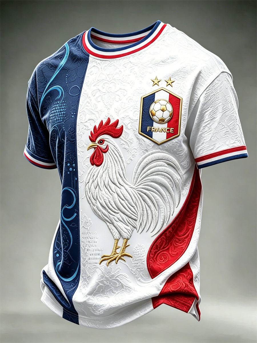 Men's France Football Rooster Flag Colorblock Print short sleeves t-shirt