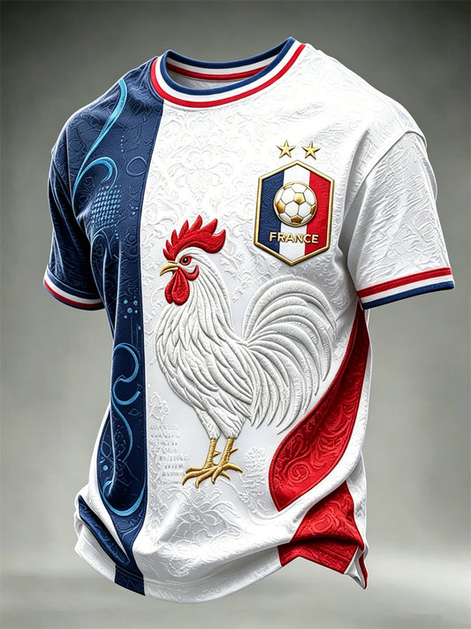 Men's France Football Rooster Flag Colorblock Print short sleeves t-shirt