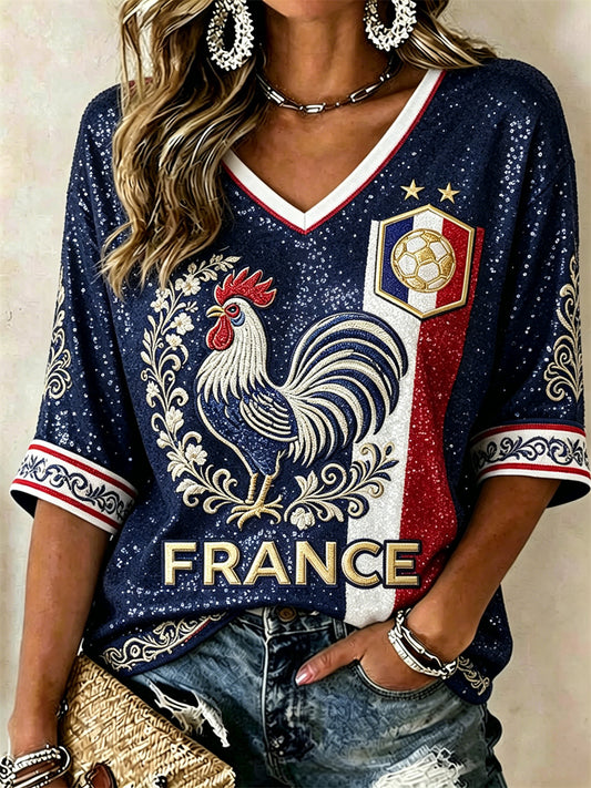 Women's France Football Rooster Floral Art Flag Glitter Print Mid-length Sleeves V-Neck T-Shirt