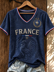 Women's France Football Printed V-neck T-shirt