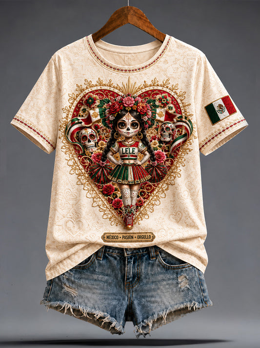 Women's Mexico Football Lover La Catrina Lele Doll Art Printed T-shirt