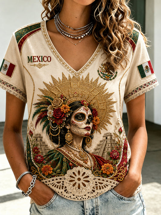 Women's Mexico Football Lover La Catrina Lele Doll Art Printed T-shirt