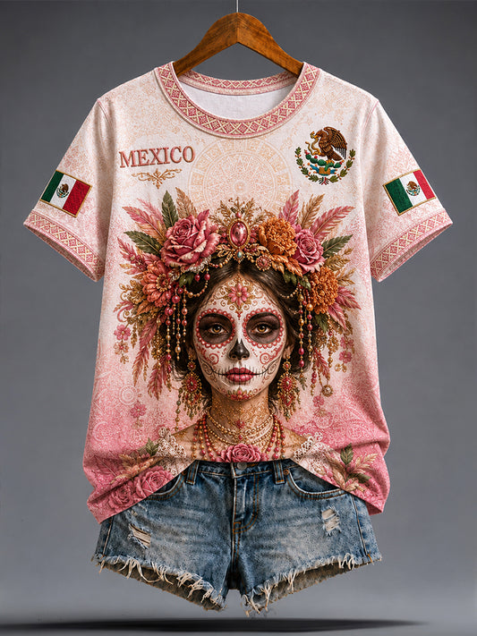 Women's Mexico Football Lover La Catrina Lele Doll Art Printed T-shirt