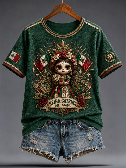 Women's Mexico Football Lover La Catrina Lele Doll Art Printed T-shirt